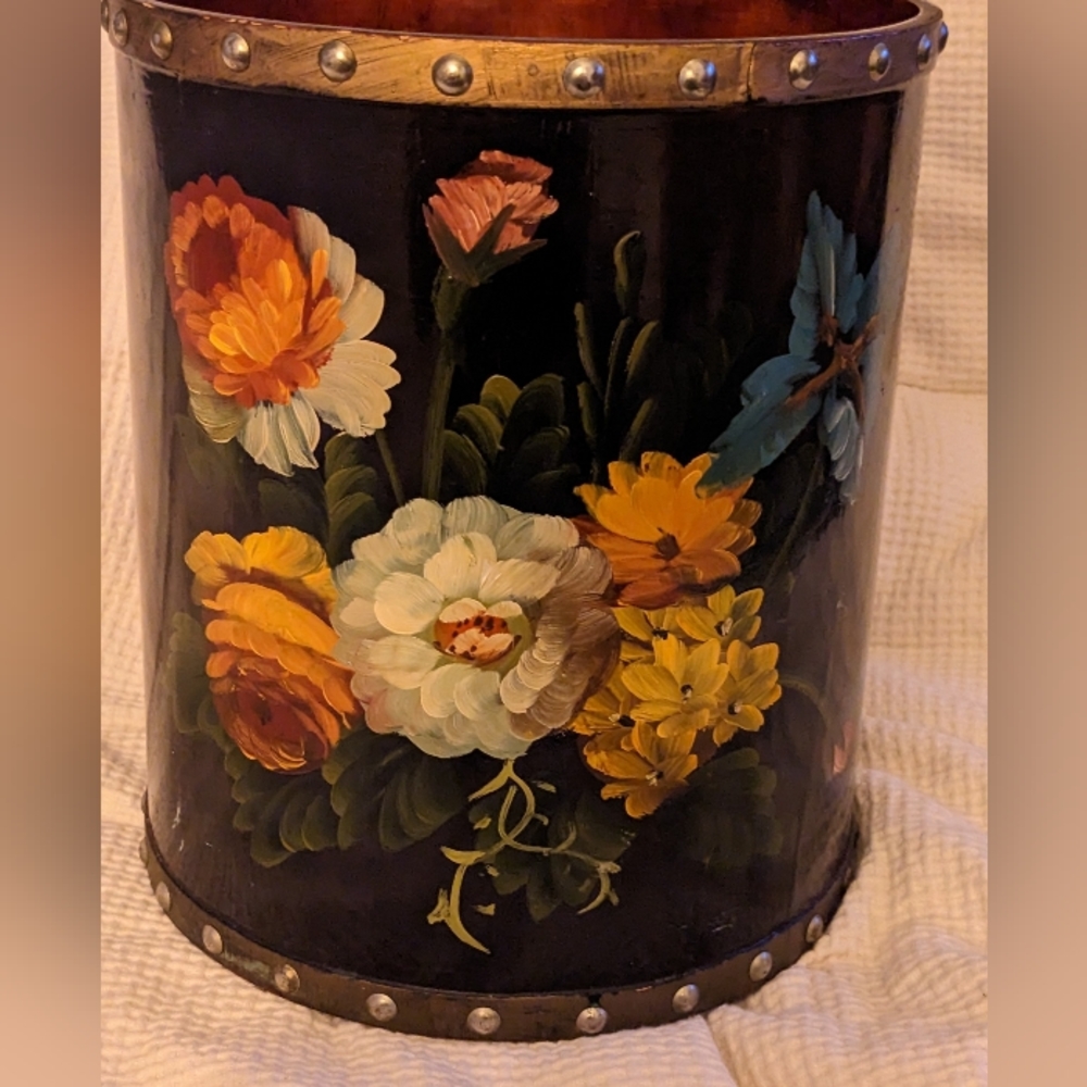 Vintage Wooden Tole Handpainted Old Master Style Floral Basket Umbrella Holder